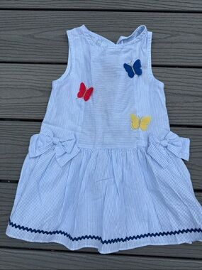 Good Lad Light Blue Pinstripe Dress with Red, Blue & Yellow Butterflies